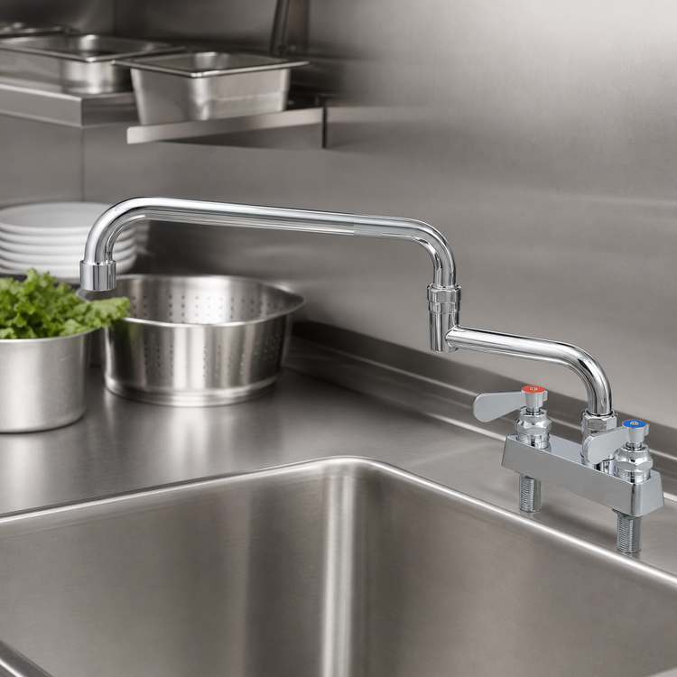 Product image #3 for BK Resources Evolution Series 4-Inch Deck Mount Stainless Steel Manual Faucet with 18-Inch Double Jointed Swing Spout