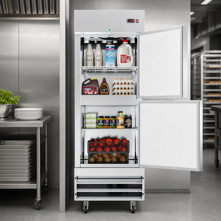 Product image #3 for KoolMore 1-Section Reach-In Refrigerator with Solid Half Doors, 23 Cu. Ft., Stainless Steel, Bottom-Mount Self-Contained