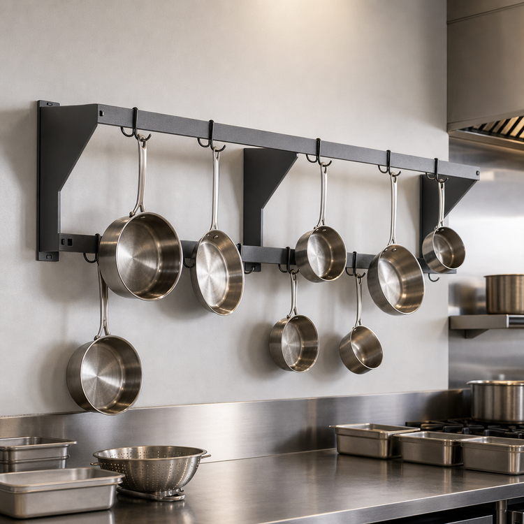 Product image #3 for Eagle Group WM96APR 96-Inch Wall-Mounted Aluminum Double-Bar Pot Rack with 16 Double-Pronged Hooks