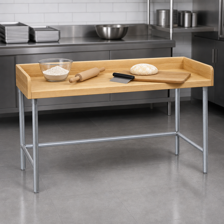 Product image #3 for Advance Tabco Wood Top Bakers' Table, 48 x 30 Inches, 4-Inch Rear and Side Splash, Open Galvanized Base