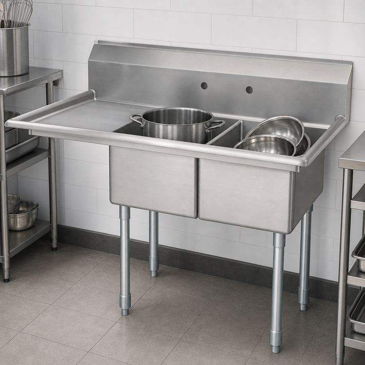 Product image #3 for Omcan USA 2-Compartment Pot Sink with Left-Hand Drainboard, 18 x 18 x 11 Inch Bowls