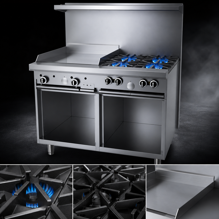 Product image #3 for Garland G Starfire Pro 48-Inch Commercial Gas Range with 4 Open Burners, 24-Inch Griddle and 2 Storage Bases