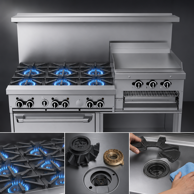 Product image #3 for Garland GF Starfire Pro 60-Inch Gas Restaurant Range with 6 Open Burners, 24-Inch Raised Griddle/Broiler, Standard Oven and Storage Base