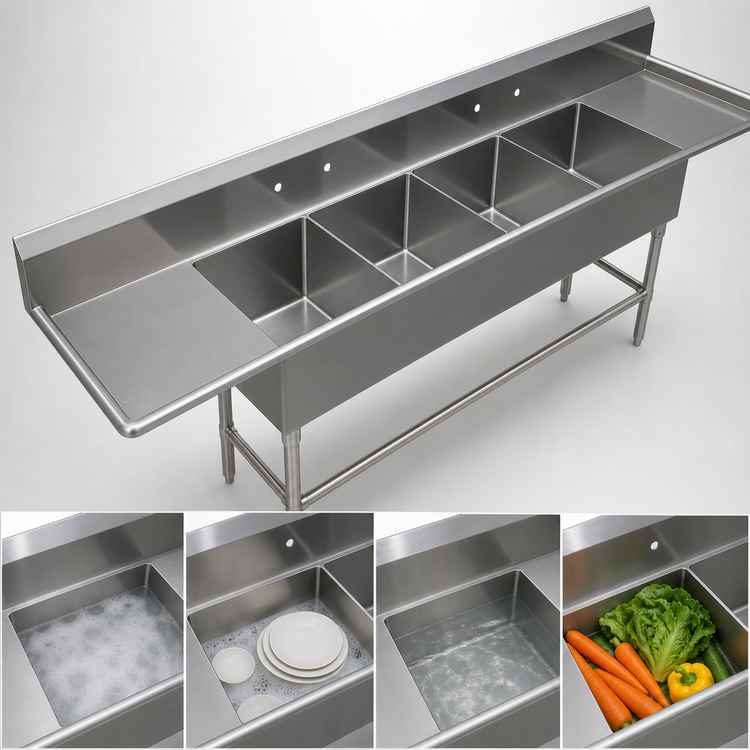 Product image #3 for John Boos Pro-Bowl 4-Compartment Sink with Left and Right Drainboards, 18 x 24 x 12 Inch Bowls