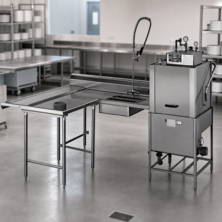 Product image #3 for Eagle Group Island Soiled Dishtable with Dish Landing Shelf and Pre-Rinse Sink, 96-Inch Machine-to-Corner, Left-to-Right, 16 Gauge Stainless Steel