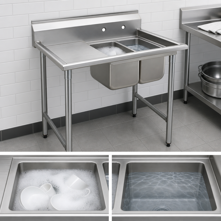 Product image #3 for Eagle Group 2-Compartment 430 Stainless Steel Sink with Left Drainboard, 56-5/8 Inch