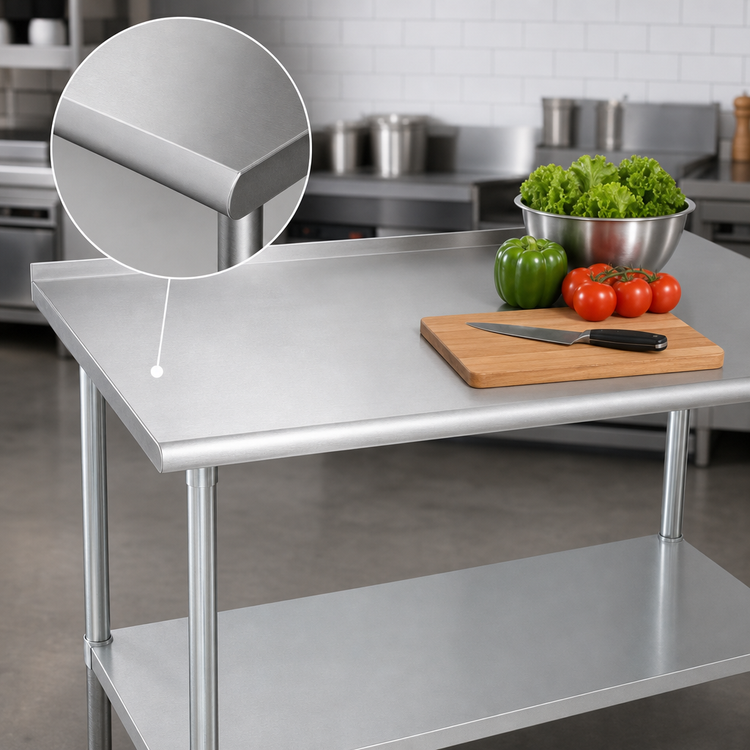 Product image #3 for Advance Tabco 84-Inch x 30-Inch 14-Gauge 304 Stainless Steel Work Table with Rear Up-Turn and Adjustable Undershelf