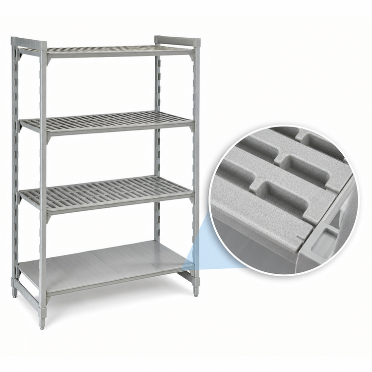 Product image #4 for Cambro Camshelving Premium 4-Tier Stationary Starter Unit, 21" x 48" x 64", Vented and Solid Shelves, Speckled Gray
