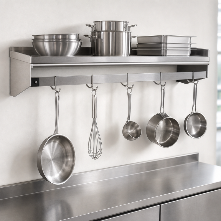 Product image #3 for Wall-Mounted Stainless Steel Pot Rack Shelf with 7 Removable Hooks, 84 x 12 Inches