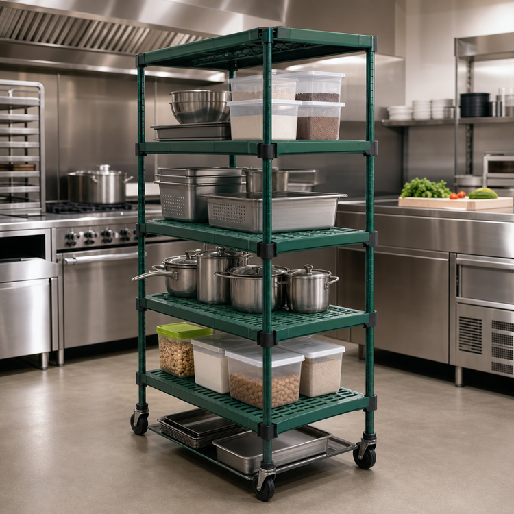 Product image #3 for QuadPlus Mobile Starter Wire Shelving Unit, 5-Tier, 36 x 24 x 74 Inches, Green Epoxy Finish