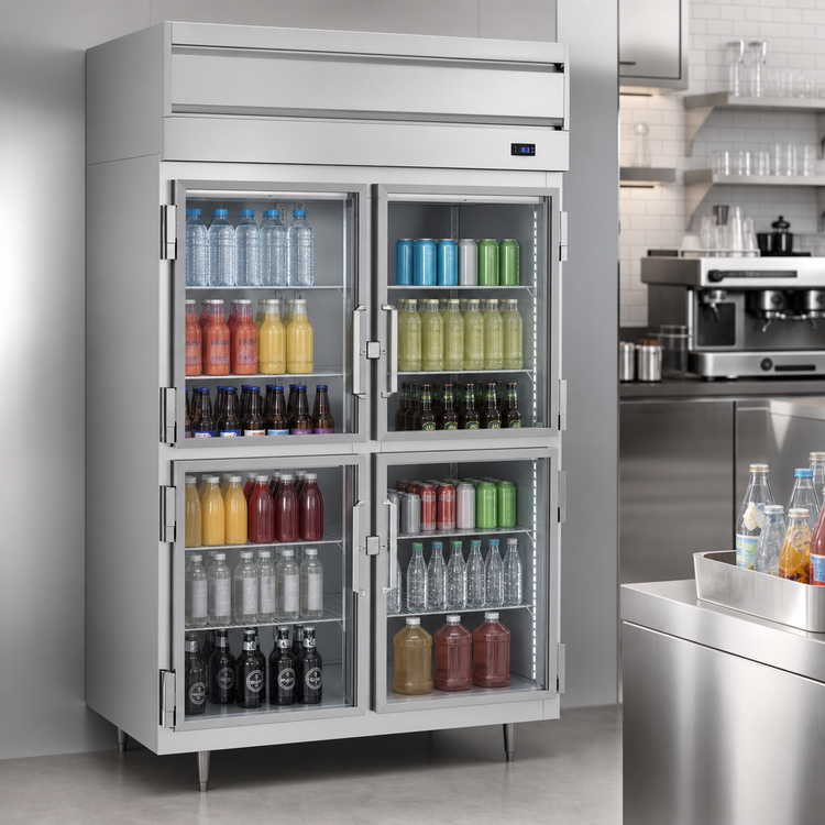 Product image #3 for Beverage-Air P Series 2-Section Reach-In Refrigerator with 4 Half-Glass Doors, Top-Mount Self-Contained Refrigeration, 44.57 Cu. Ft.