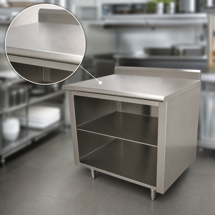 Product image #3 for Advance Tabco Open Front Cabinet Base Stainless Steel Work Table with 5-Inch Backsplash and Fixed Mid Shelf, 120 x 24 Inches