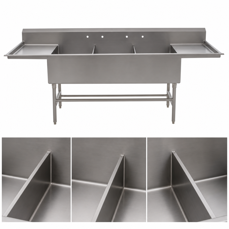 Product image #3 for Eagle Group Spec-Master FFN2760-3-30-14/3 Three-Compartment Flush Front Stainless Steel Sink with Left & Right 30-Inch Drainboards