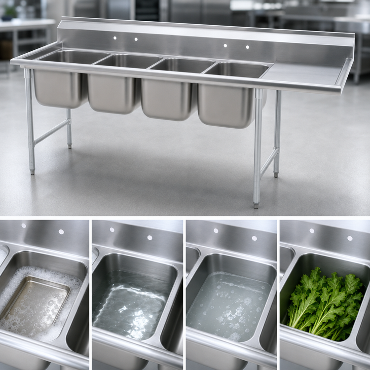 Product image #3 for Eagle Group 414 Series Coved Corner Four-Compartment Sink with Right-Hand 24-Inch Drainboard
