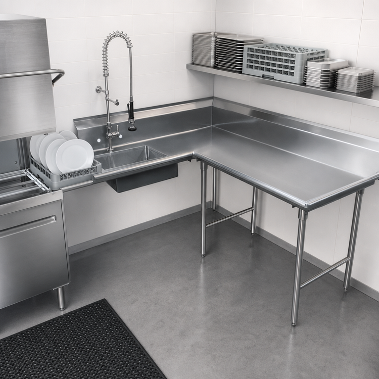Product image #3 for Advance Tabco Korner 119-Inch L-Shaped Right-Hand 14-Gauge 304 Stainless Steel Soil Dishtable with Pre-Rinse Sink
