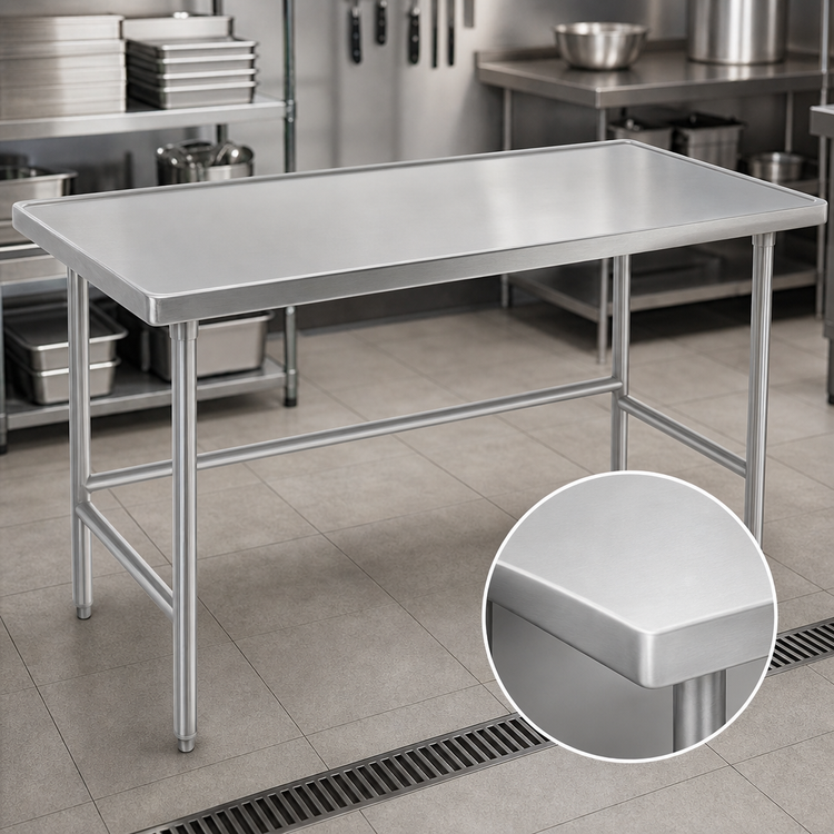 Product image #3 for Advance Tabco 108-Inch x 24-Inch 14 Gauge 304 Stainless Steel Open Base Work Table with Countertop Edge