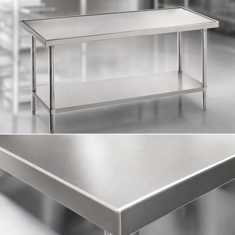 Product image #3 for Advance Tabco 144"W x 48"D 14 Gauge 304 Stainless Steel Flat Top Work Table with Adjustable Undershelf and No-Drip Edge