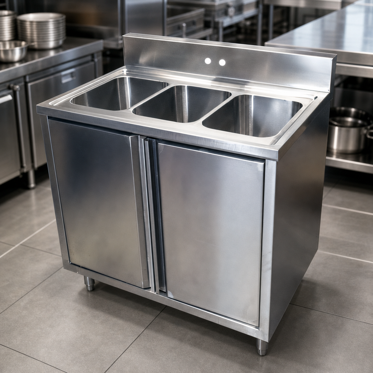 Product image #3 for 36-Inch Three Compartment Stainless Steel Sink Cabinet with Hinged Doors