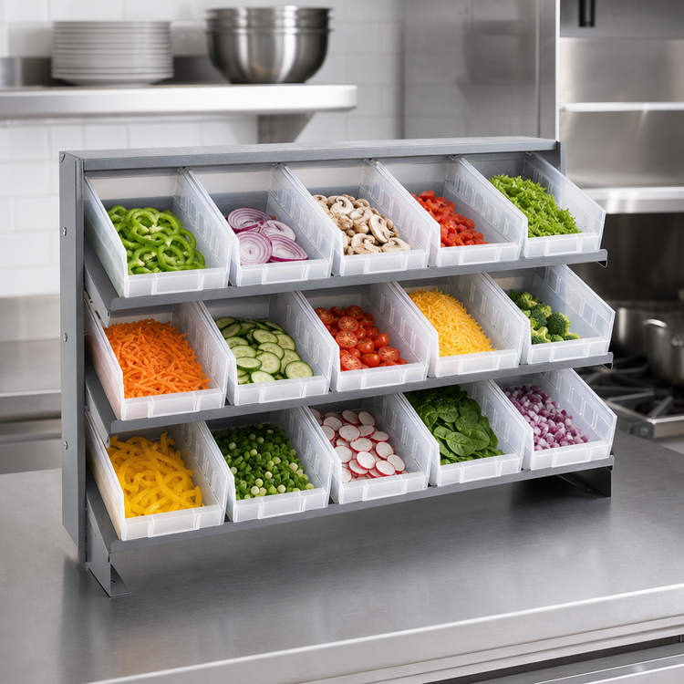 Product image #3 for Quantum Sloped Bench-Style Pick Rack with 3 Shelves and 15 Clear Bins, 36 Inch Wide
