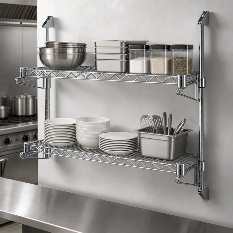 Product image #3 for Quantum Cantilever Double Shelf Wall-Mount Wire Shelving Unit, 54 x 24 in., Chrome Plated