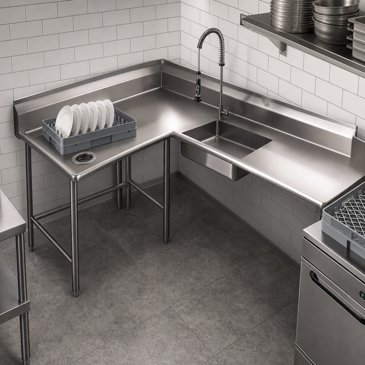 Product image #3 for Spec-Master Corner Design Soiled Dishtable with 20 x 20 x 5 Inch Pre-Rinse Sink, 72 x 60 Inches, 14/304 Stainless Steel