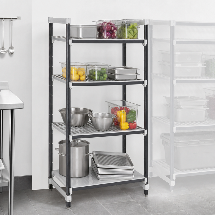 Product image #3 for Cambro Camshelving Elements XTRA Stationary Starter Polymer Shelving Unit, 24 x 18 x 72 Inch, 4-Tier, 3 Vented + 1 Solid Shelf, Speckled Gray