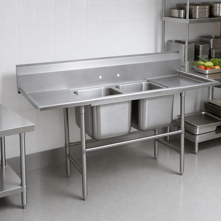 Product image #3 for Advance Tabco Regaline 2-Compartment Stainless Steel Sink with Left and Right-Hand Drainboards, 85-Inch Overall Length