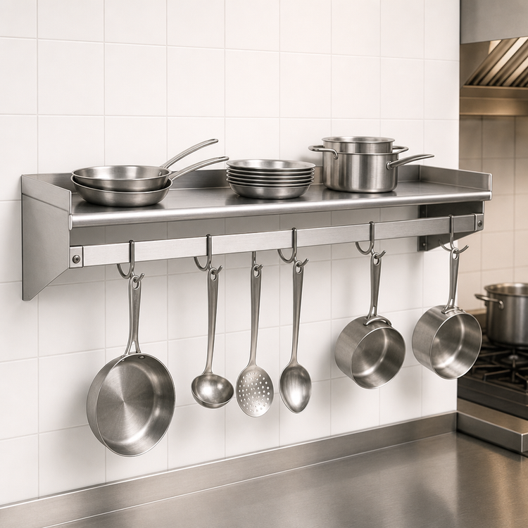 Product image #3 for Eagle Group 132-Inch x 15-Inch Wall-Mounted Stainless Steel Wall Shelf with Pot Rack and Removable Hooks
