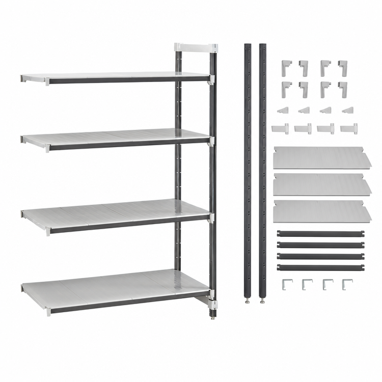 Product image #3 for Cambro Camshelving Elements XTRA 4-Shelf Solid Stationary Add-On Polymer Shelving Unit, 21" D x 48" L x 64" H, Speckled Gray