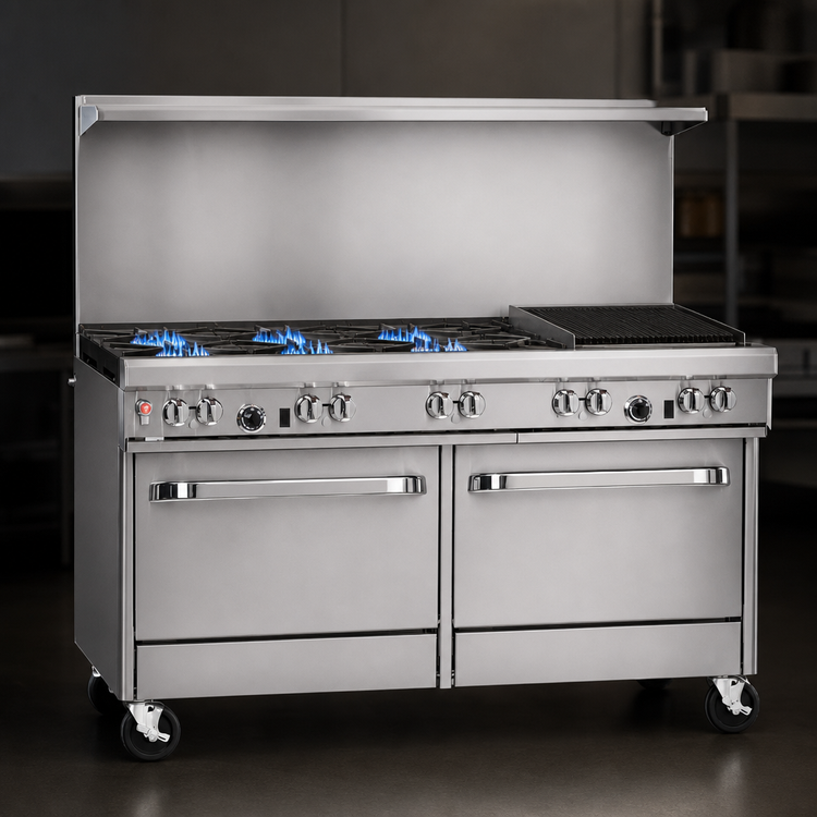 Product image #3 for Southbend Ultimate 60-Inch Gas Restaurant Range with 4 Star/Sauté Burners, 36-Inch Charbroiler, Standard Oven, and Cabinet Base