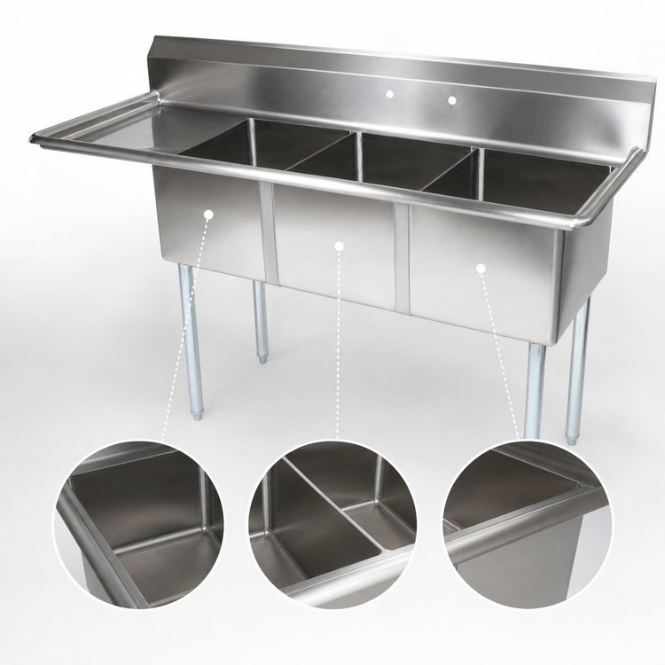 Product image #3 for John Boos E-Series Commercial 3-Compartment Sink with Left Drainboard, 47-1/2 in W x 19-1/2 in D x 43-3/4 in H, 18/300 Stainless Steel