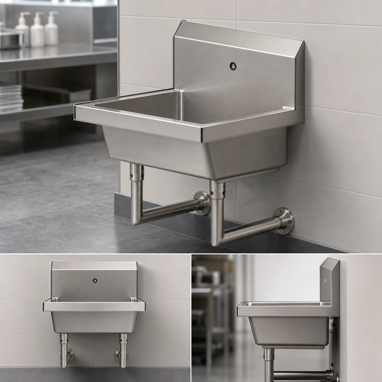 Product image #3 for BK Resources Single Station Wall-Mounted Hand Wash Sink with Splash Mount Faucet Hole, 24" W x 19-7/8" D x 8" Deep Bowl