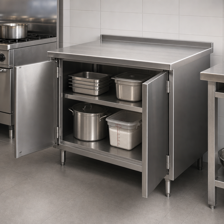Product image #3 for Spec-Master Cabinet Base Enclosed Work Table with Hinged Doors, 96 x 24 Inches, 14-Gauge 304 Stainless Steel Top