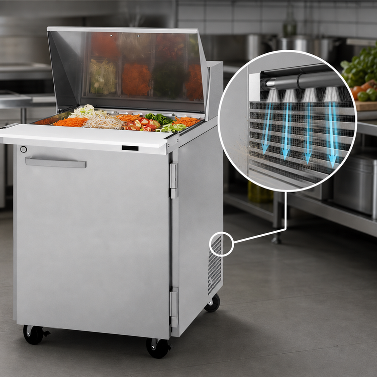Product image #4 for Turbo Air PRO Series Mega Top Sandwich/Salad Prep Table, 1 Section, 12-Pan, 1 Solid Door, Rear-Mount Self-Contained Refrigeration