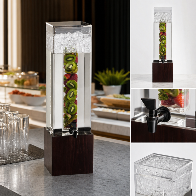 Product image #3 for Westport Single 1.5-Gallon Acrylic Beverage Dispenser with Ice Chamber, Drip Tray, and Dark Wood Base