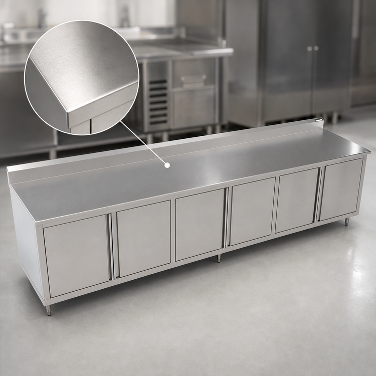 Product image #3 for John Boos 132" x 36" Stainless Steel Enclosed Work Table with Cabinet Base, 16-Gauge Top, and 5" Backsplash