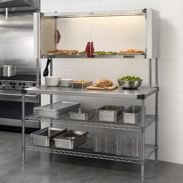Product image #4 for Metro Super Erecta Hot 48-Inch x 24-Inch Stainless Steel Heated Workstation with Enclosed Heated Shelf, Overhead Wire Shelf, and 3-Sided Open Base