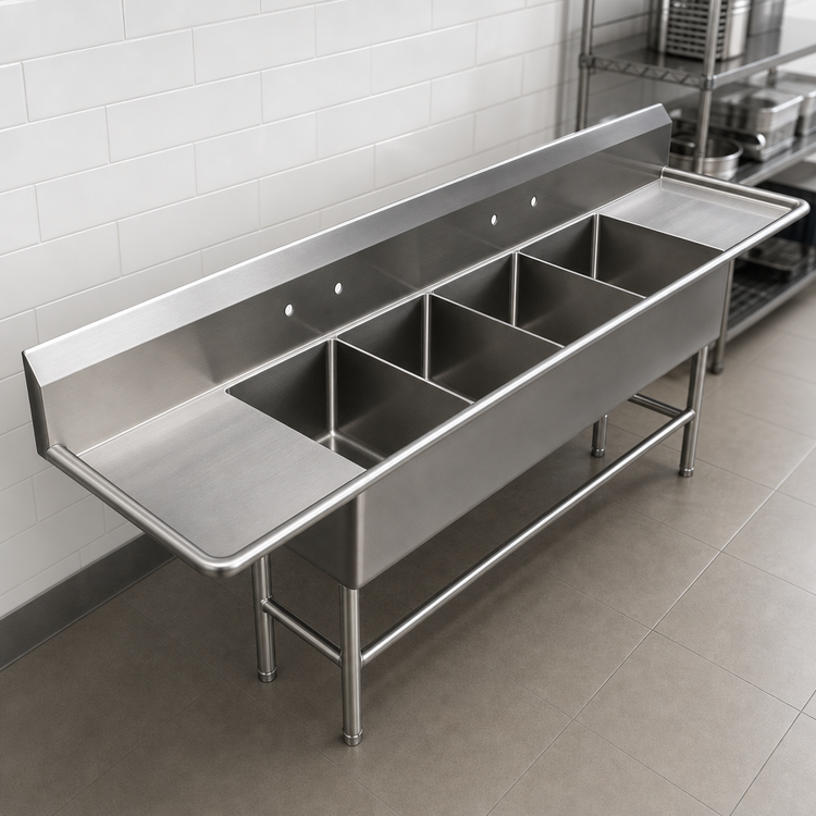 Product image #3 for John Boos Pro-Bowl 4-Compartment Stainless Steel Sink with Dual 24" Drainboards, 16" x 20" x 14" Compartments