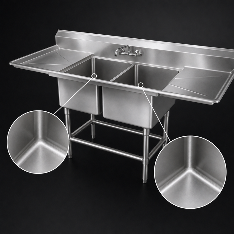 Product image #3 for Spec-Master FN Series Coved Corner 14-Gauge 300 Series Stainless Steel Two-Compartment Sink with 24-Inch Left-Hand Drainboard