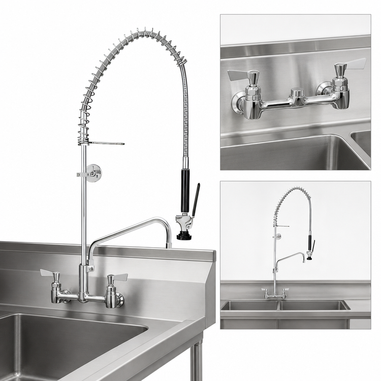 Product image #3 for Fisher Stainless Steel 8" Center Backsplash-Mount Add-On Pre-Rinse Faucet with 6" Swing Spout and Lever Handles