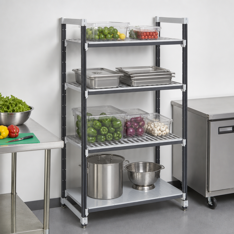Product image #3 for Cambro Camshelving® Elements XTRA 24" x 72" x 64" 4-Tier Stationary Starter Polymer Shelving Unit, 3 Vented + 1 Solid, Speckled Gray