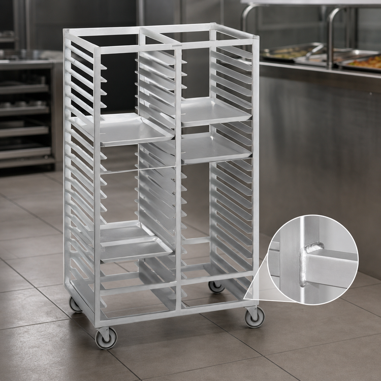 Product image #3 for Channel Double-Section Aluminum Cafeteria Tray Rack with 5-Inch Swivel Stem Casters, 36-Inch Height, 20-Tray Capacity for 14 x 18 Trays