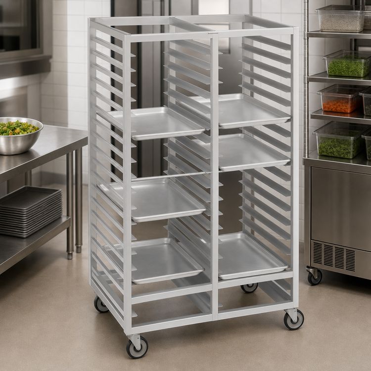 Product image #3 for Channel Manufacturing Double-Section Aluminum Cafeteria Tray Rack, 64-Inch High, Side-Load, 4-Inch Spacing, 56-Tray Capacity for 14 x 18-Inch Trays