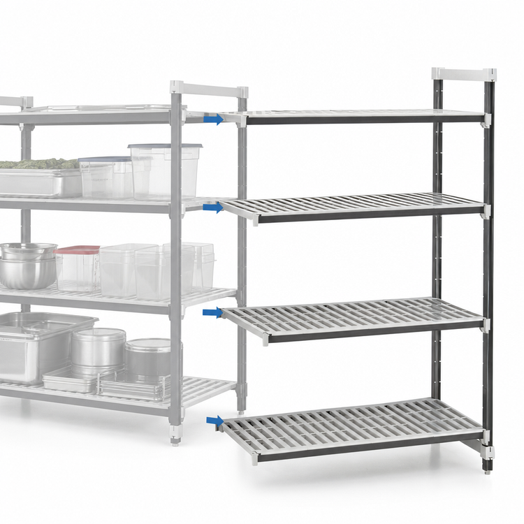 Product image #3 for Cambro Camshelving Elements XTRA 4-Tier Stationary Add-On Polymer Shelving Unit, 24 x 72 x 72 Inch, Vented, Speckled Gray