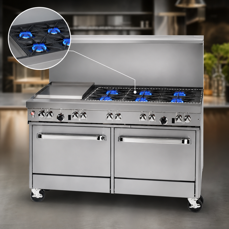 Product image #3 for Southbend Ultimate 60-Inch Gas Restaurant Range with 6 Open Burners, 24-Inch Griddle, Convection Oven, and Cabinet Base
