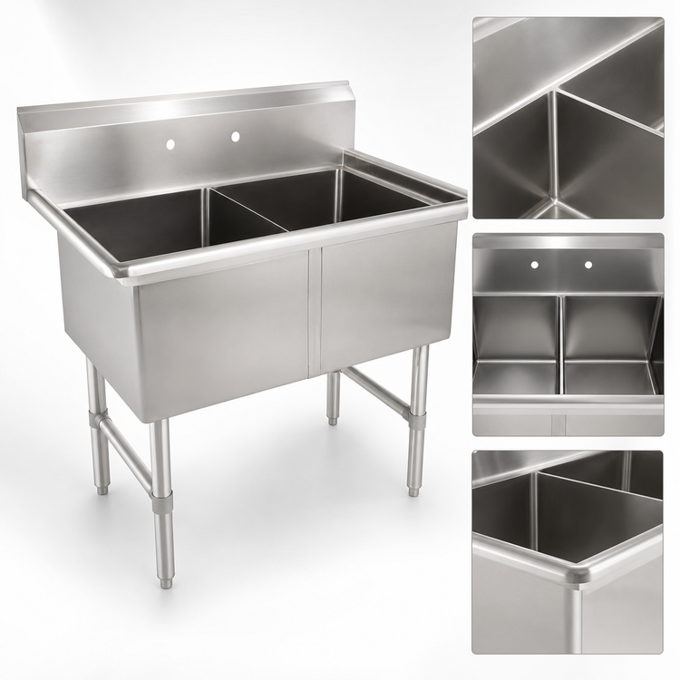Product image #3 for John Boos B Series 2-Compartment Stainless Steel Sink with Legs and 10-Inch Backsplash