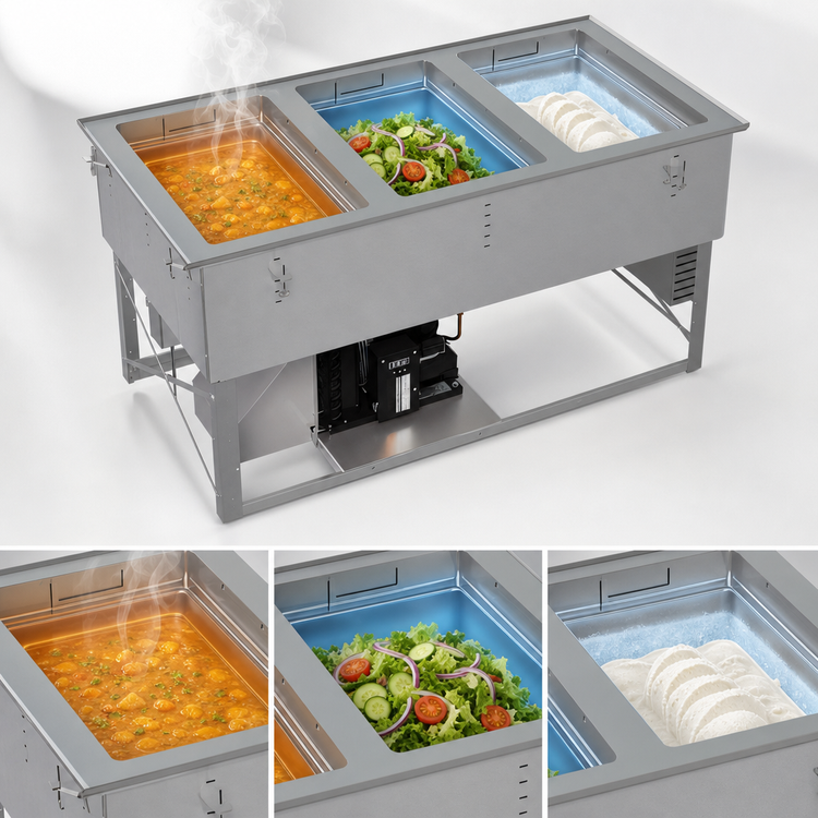 Product image #4 for Vollrath 3-Well Hot/Cold/Frozen Self-Contained Drop-In Food Well Unit with Auto Drain and Flat Flange, 120/208-240V