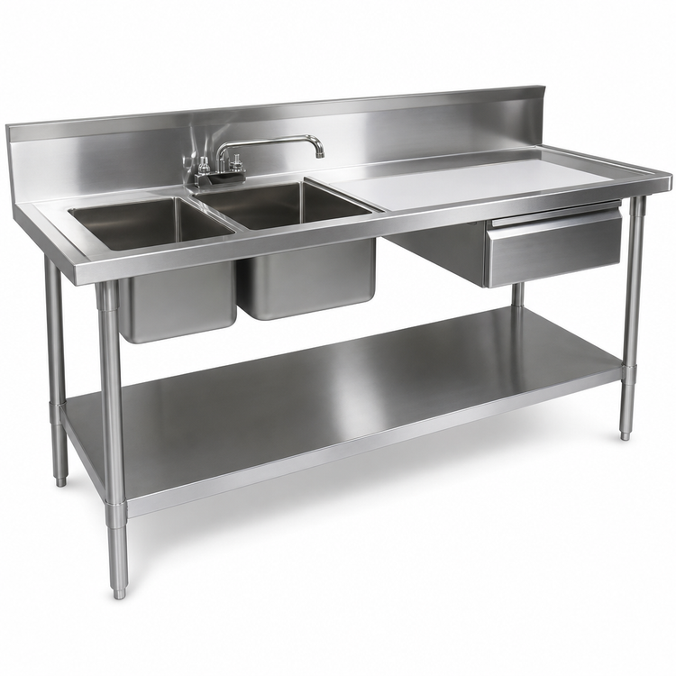 Product image #3 for John Boos 96-Inch Stainless Steel Two-Compartment Prep Sink Table with Left-End Bowls, Drawer, and Sliding Cutting Board