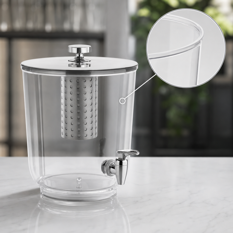 Product image #3 for American Metalcraft 12 Qt Tritan Single Juice Dispenser Body with Stainless Steel Faucet, Cover, Ice Tube and Inset