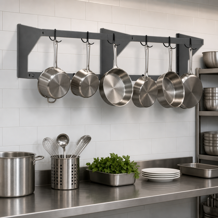 Product image #3 for Eagle Group 36-Inch Wall-Mounted Aluminum Double-Bar Pot Rack with 6 Double-Pronged Hooks